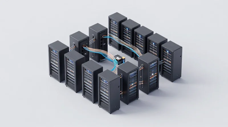 The Evolution of 10GbE Interconnects Isometric 3D illustration of a modular data center network rack architecture.