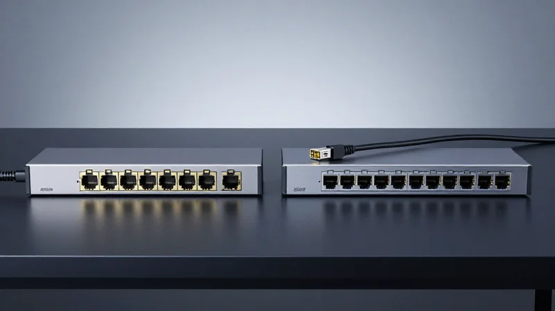 Latency Benchmarks: Why SFP+ to RJ45 Trails Behind Side-by-side comparison of an SFP+ to RJ45 copper module and a DAC cable on a professional studio surface.