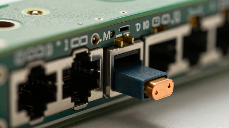 Power Consumption and Heat Dissipation Macro photography of an SFP+ transceiver plugged into a network switch showing thermal cooling components.