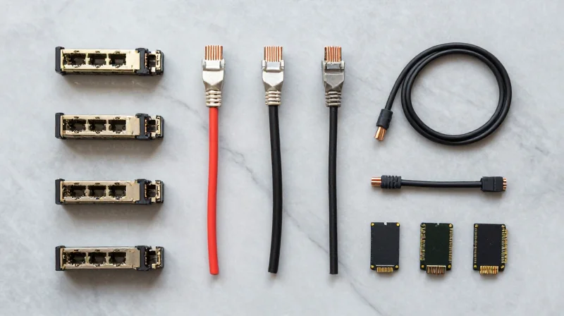 Universal Compatibility Across Global Hardware Ecosystems A flat lay photography showing various networking components and copper modules neatly arranged.
