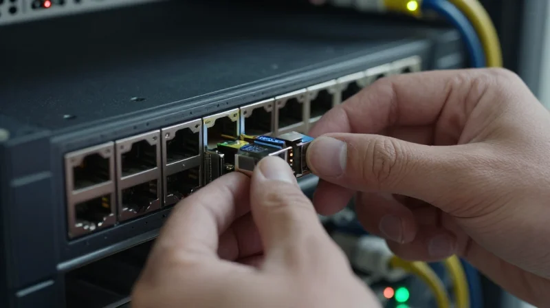 Networking professional installing an SFP+ to RJ45 module in a rack server.