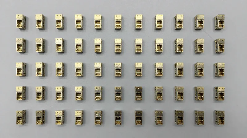 A large collection of SFP+ to RJ45 copper modules neatly organized on a surface.