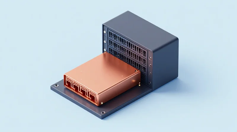 Isometric 3D model of a network transceiver module integrating into a cloud infrastructure.