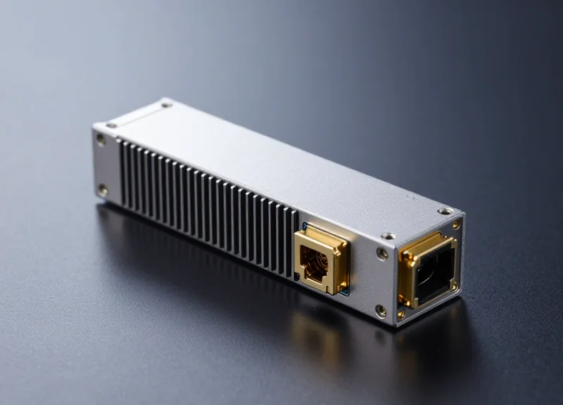 A high-tech 100G SFP-DD optical transceiver module showcasing its metallic housing and gold-plated connectors under professional studio lighting.