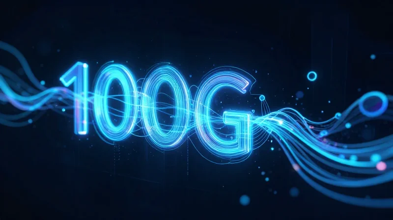 An abstract visualization of a high-speed 100G single-lambda optical signal represented by a single, powerful beam of light.