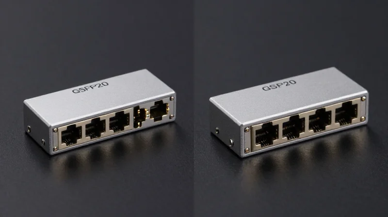 A side-by-side comparison of an SFP-DD module and a QSFP28 module showing the difference in physical size and port density.