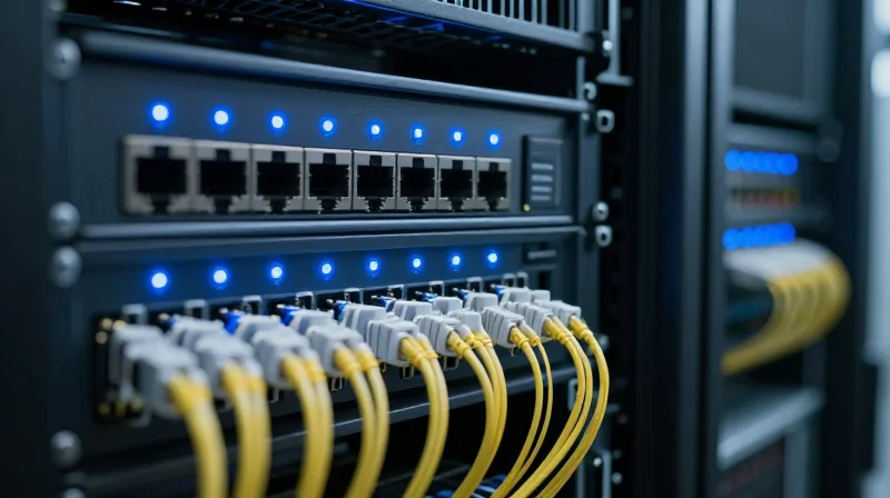 A high-density data center server rack illustrating a leaf-spine architecture with organized fiber cabling.