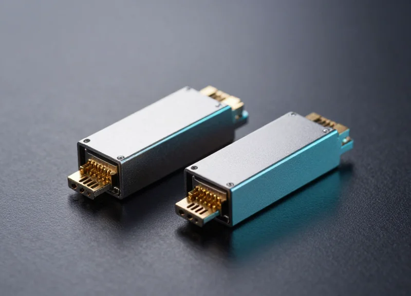 Two different types of high-speed optical transceiver modules placed side-by-side on a dark reflective surface, highlighting their structural differences.