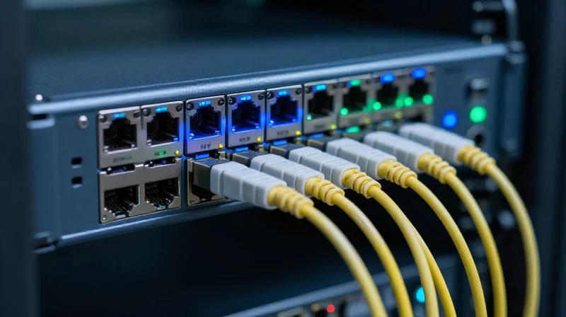 Maximizing Port Density in the Modern Data Center Close-up of modern data center server racks with high port density networking hardware