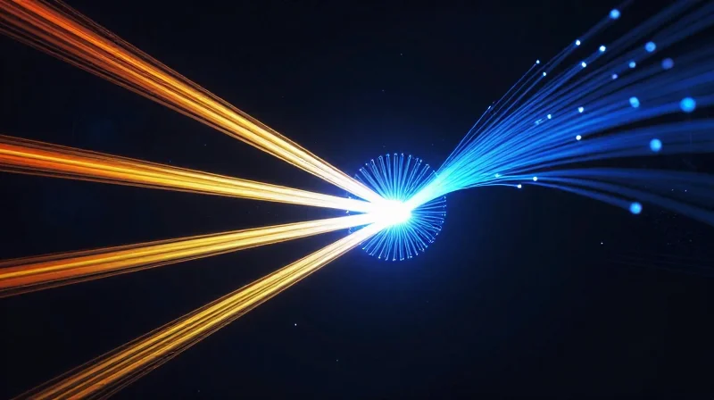 Abstract digital visualization of data streams converging into a single powerful light path.
