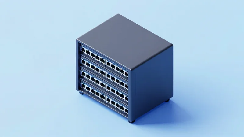 Isometric 3D illustration of high-density server racks with glowing blue ports.