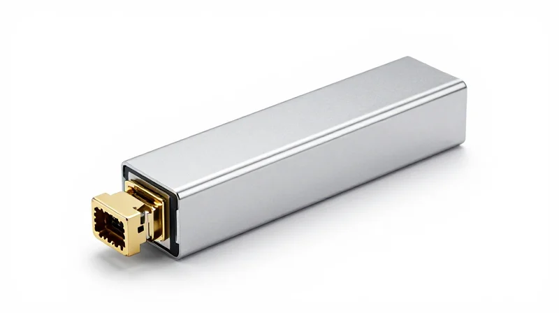 Macro product shot of a metallic 100G SFP-DD optical transceiver module.