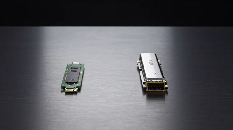 Side-by-side comparison of two different optical transceivers on a professional background.