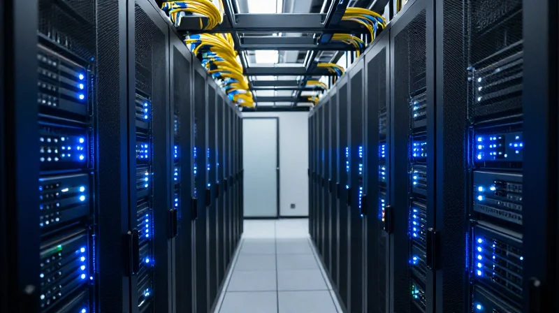 A high-tech server room aisle with glowing blue indicators and fiber optic cabling.