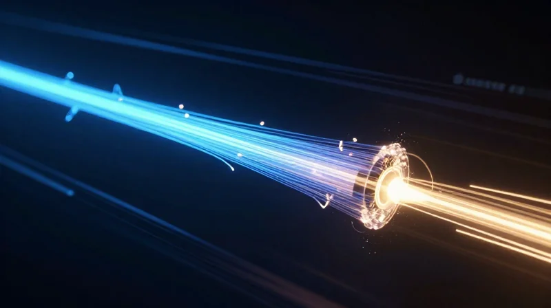 Abstract visual of a single high-speed fiber optic data stream representing Single-Lambda 100G technology with glowing light trails.