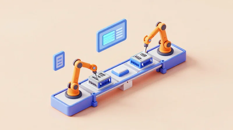 3D isometric illustration of custom manufacturing and configuration for high-tech networking modules.