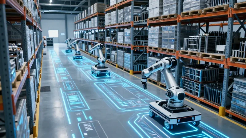 A modern automated logistics center showing the global supply chain for optical modules and networking gear.