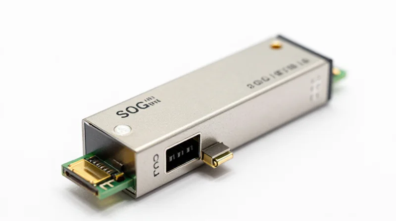 A professional close-up of a 10G DWDM SFP+ transceiver module showcasing its metallic housing and optical ports.
