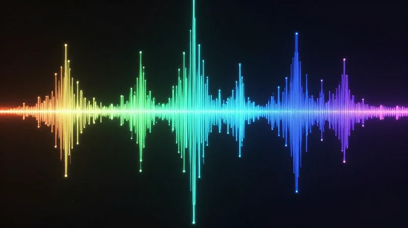 Abstract visualization of optical fiber light frequencies showing precise wavelength channel spacing.