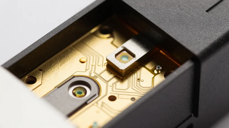 Detailed macro view of internal optical sub-assemblies including laser components and circuitry.