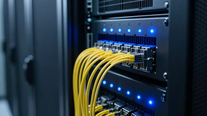 A modern data center environment with networking equipment and high-speed fiber optic cables.