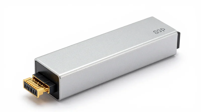 The Engineering Excellence of Ubytelink SFP+ Modules A close-up view of a high-quality SFP+ fiber optic transceiver module with a metallic finish.