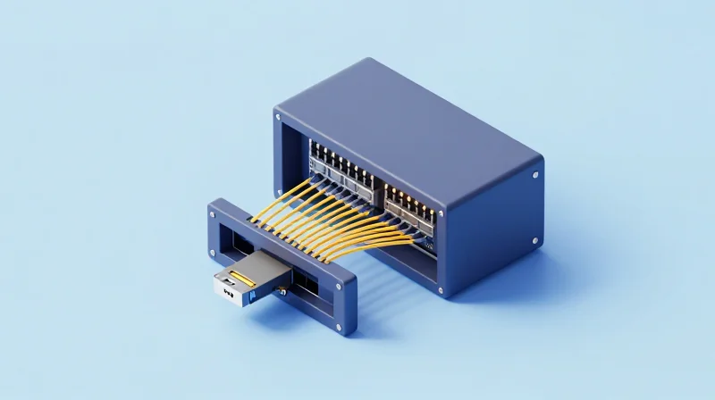 Seamless Integration with Existing Passive Mux/Demux Infrastructure Isometric 3D model showing an SFP module being integrated into a network rack and Mux Demux system.