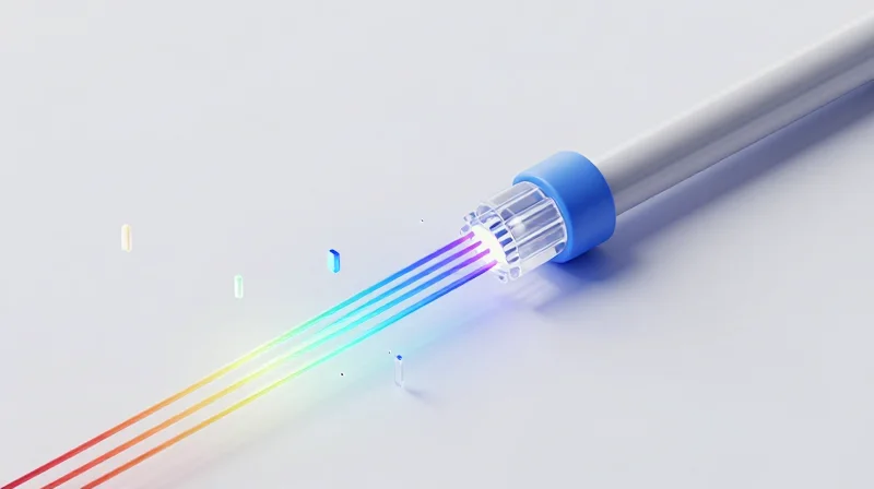 Understanding Fixed-Wavelength DWDM SFP+ Technology Isometric 3D illustration showing multiple colored light beams merging into a single fiber optic cable to represent DWDM multiplexing.