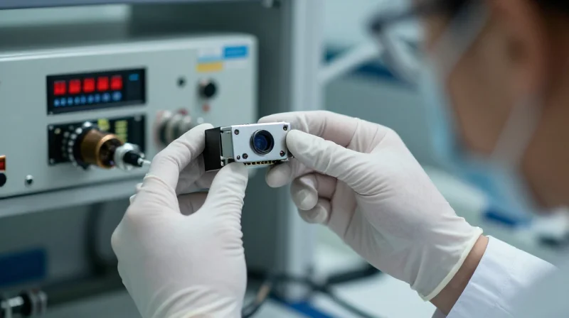 Ensuring Reliability through Rigorous Quality Control A technician wearing white gloves carefully inspecting a transceiver module in a professional laboratory setting.