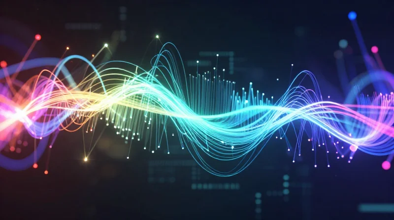 Abstract representation of tunable DWDM technology with light shifting across a color spectrum within a fiber optic cable.