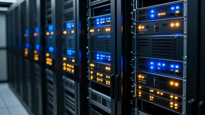 Photorealistic view of a modern data center server room with optical networking gear.
