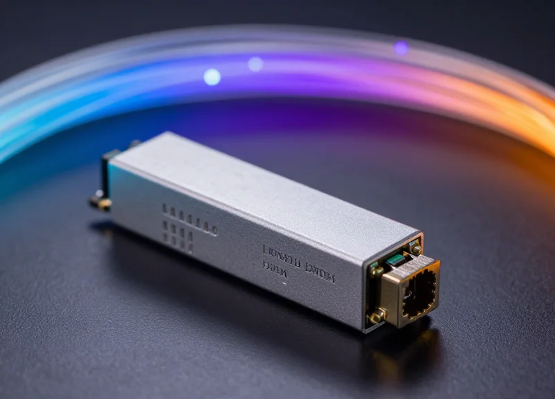 A high-resolution close-up of a tunable DWDM optical transceiver module on a dark reflective surface with glowing fiber optic light trails in the background.