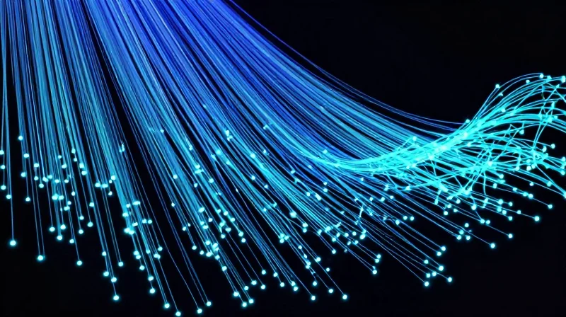 Abstract representation of fiber optic light waves evolving from rigid lines to flexible dynamic flows representing network agility.