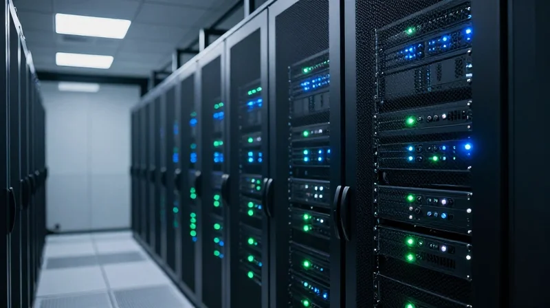A high-tech modern data center server room with glowing blue indicator lights and sleek equipment racks.