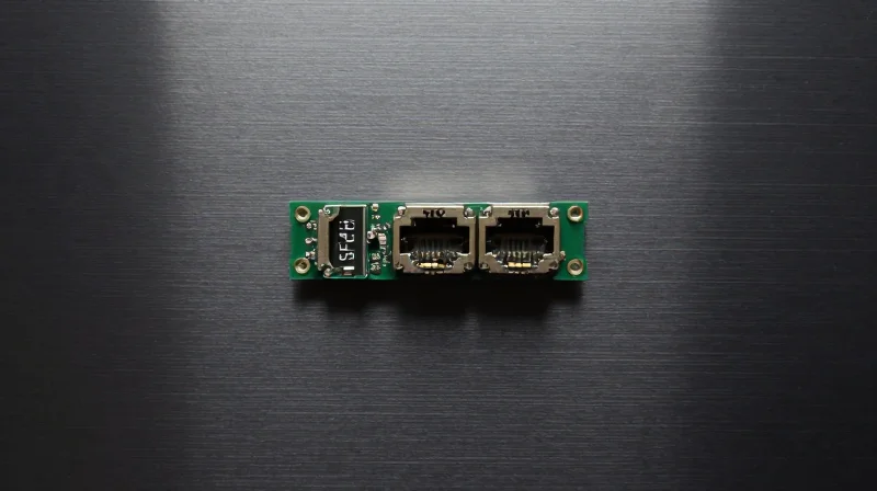 A single optical transceiver module placed neatly on a dark technical surface, emphasizing its compact and efficient design.