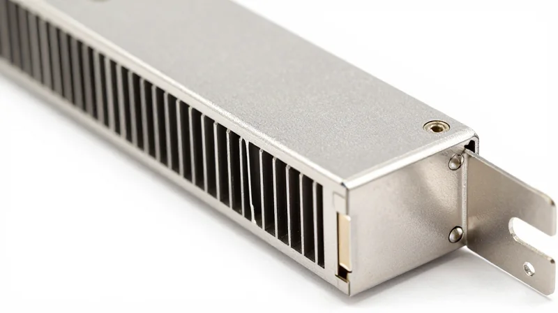 Close-up macro shot of the metal casing and heat-dissipating fins of a DWDM module.