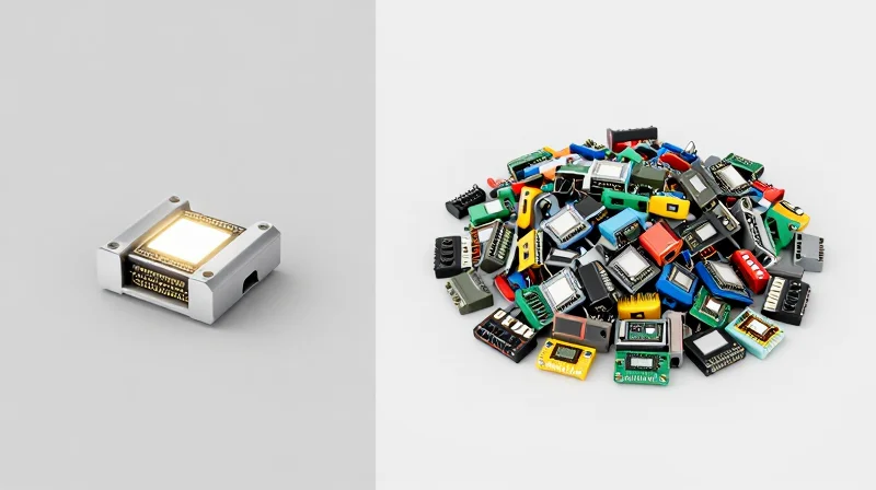 Side-by-side visual comparison showing a single versatile module versus a pile of different modules.