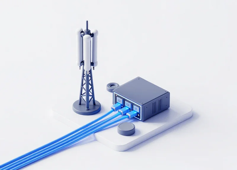 Isometric 3D illustration of 5G network architecture showing base stations and connected data modules with glowing communication lines.