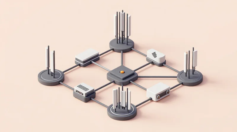 Alternative Standards: RoE and the O-RAN 7.2x Split Isometric illustration of a modular and interconnected O-RAN network.