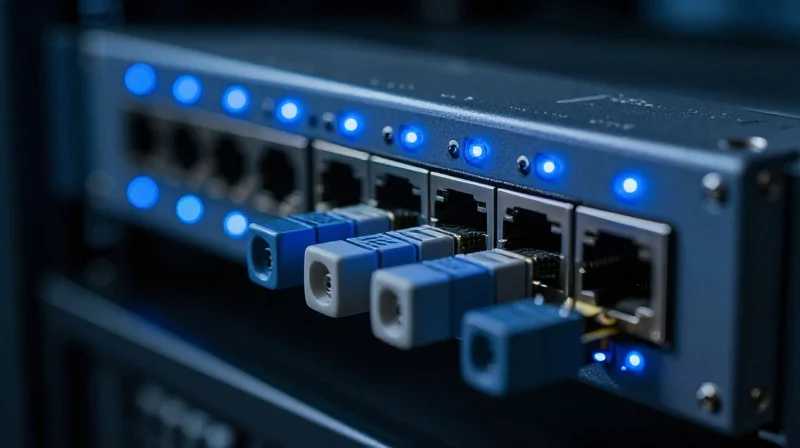 Critical Role of Optical Modules in 5G Infrastructure Close-up photorealistic shot of an optical module hardware component in a 5G server rack.