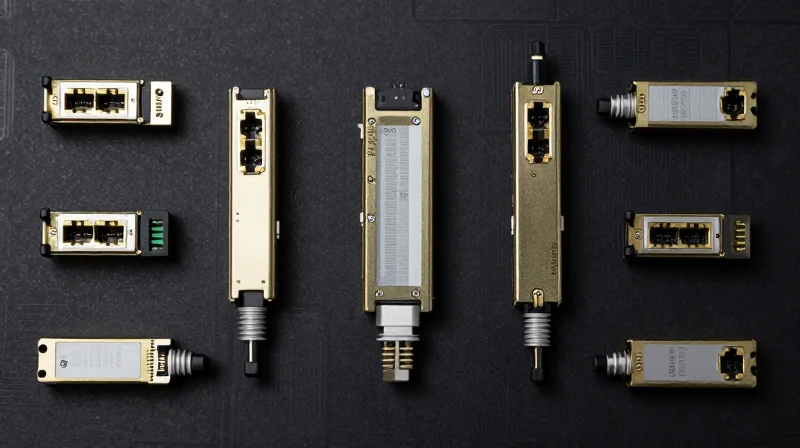 Ubytelink’s SFP28/SFP56 Portfolio: Engineered for Excellence Flat lay photography of organized SFP28 and SFP56 optical modules on a technical surface.
