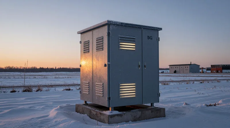 Industrial-Grade Reliability for Global Environments Photorealistic shot of 5G infrastructure equipment in a snowy outdoor environment.