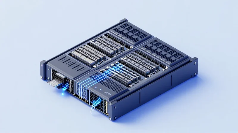 Isometric 3D illustration of a modular enterprise network chassis with multiple slots and glowing internal components.