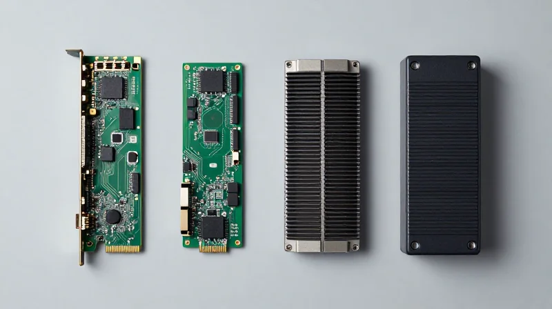 Flat lay photography of various network switch components including a supervisor engine card, power supply, and fan tray neatly arranged.