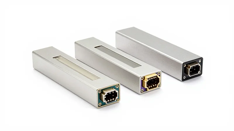 A close-up product shot of various optical transceiver modules like SFP+ and QSFP on a white background.