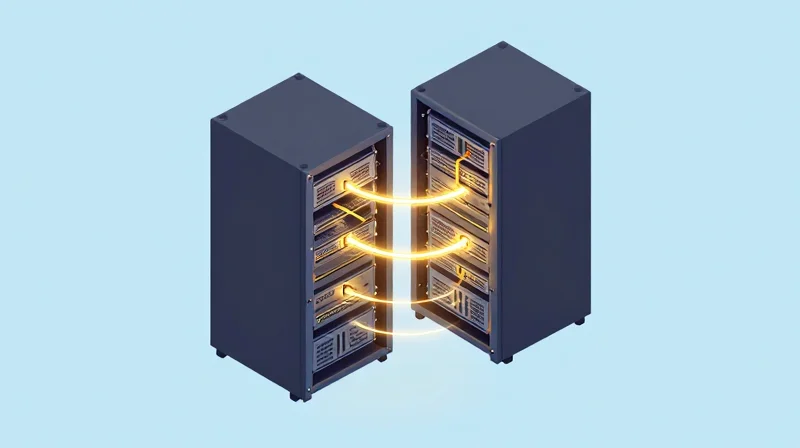 Conceptual 3D illustration of mirrored network components representing hardware redundancy and high availability.