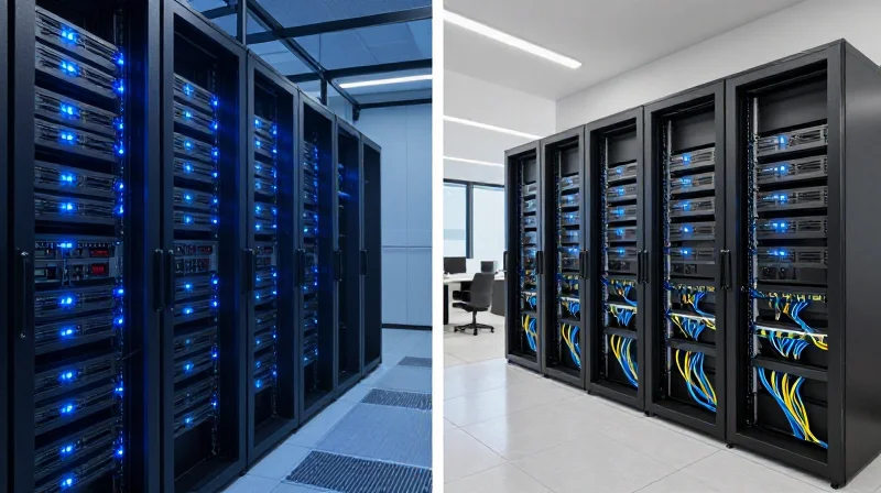 A split-screen comparison showing a high-density data center rack on one side and a modern campus office network environment on the other.