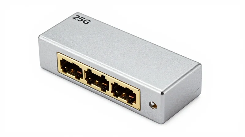 Critical Specifications for 5G Optical Modules Close-up of a high-speed 25G SFP28 optical transceiver with metallic finish on a white background.