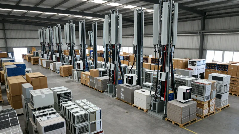 Why Bulk Procurement is Essential for 5G Rollouts Organized crates of industrial networking equipment in a modern telecommunications warehouse.
