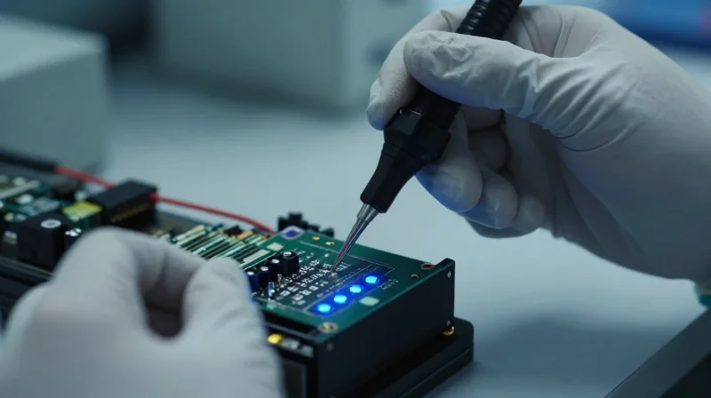 Quality Assurance: Testing Protocols for 5G Modules Close-up of high-precision testing equipment analyzing an optical transceiver in a laboratory.